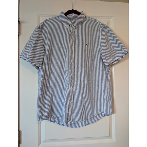 Vineyard Vines Men's L Slim Fit Whale Seersucker Button Front Blue White Striped - Picture 1 of 7